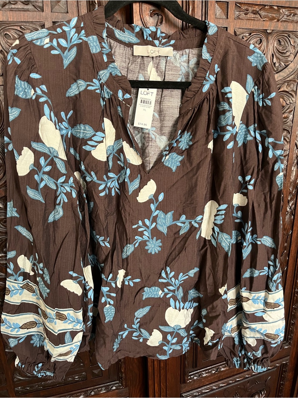 LOFT Brown Tunic Blouse with Blue & Cream Floral Print